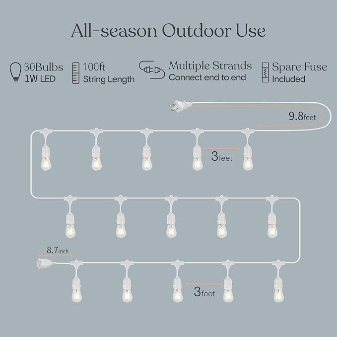Outdoor String Lights LED White 100FT Patio Lights String - Image 2