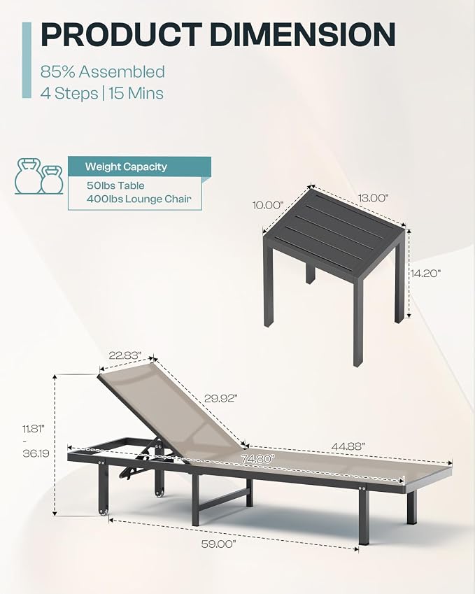 Aluminum Outdoor Lounge Chairs Set of 2, Pool Lounge Chairs - Image 2