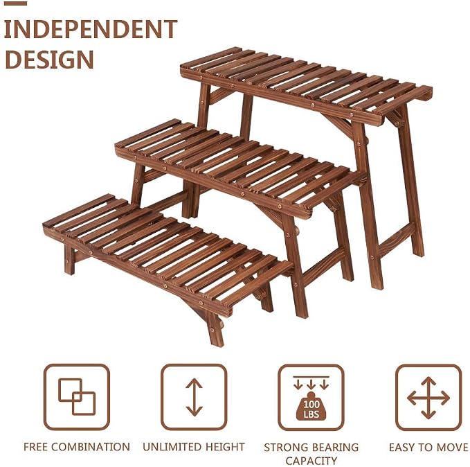 Ufine Freestanding 3 Tier Ladder Shelf Wood Plant Stand Indoor Outdoor Plant - Image 4