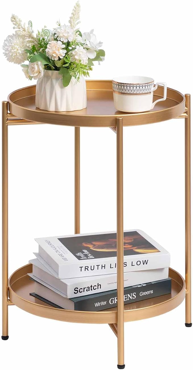 HollyHOME 2-Tier Round Gold Side Table, Outdoor Small Folding Accent Stand by HollyHOME