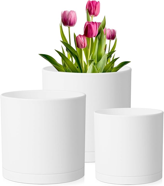 12/10/8 inch Large Plant Pots, 3 Pack Deep Cylinder Flower Pots by Meowell