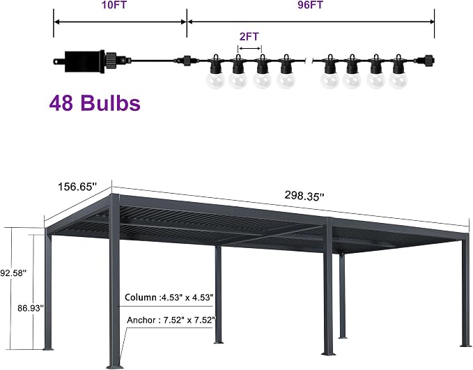 PURPLE LEAF Louvered Pergola w/Light 13' x 25' Aluminum Outdoor Pergola - Image 9