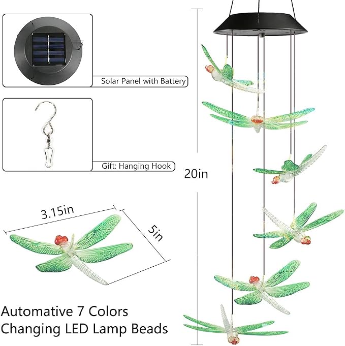 Toodour Solar Wind Chimes Outdoor, Color Changing Solar Lights Dragonfly - Image 6
