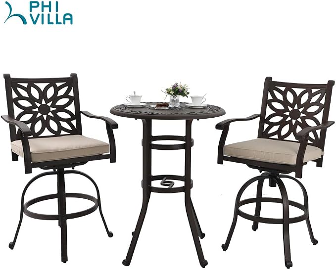PHI VILLA 32" Cast Aluminum Patio Bar Table, Pub Height Bistro Round Table - Image 7