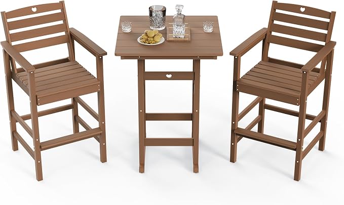 3-Piece Bar Height Patio Table and Chairs Set, HDPE Wood Grain Outdoor Bar - Image 8