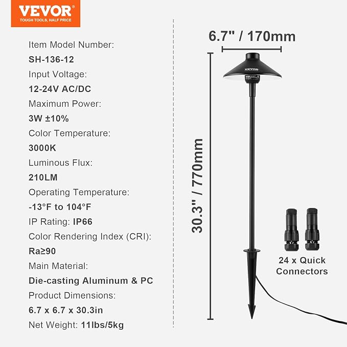 VEVOR 12 Pack Low Voltage Landscape Path Lights, 3W 210LM 12V-24VAC/DC Outdoor - Image 7
