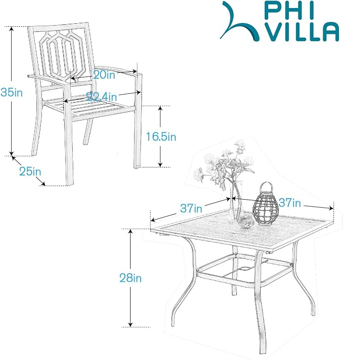PHI VILLA 5 Piece Patio Dining Set Metal Outdoor Table and Chairs Furniture Set - Image 7