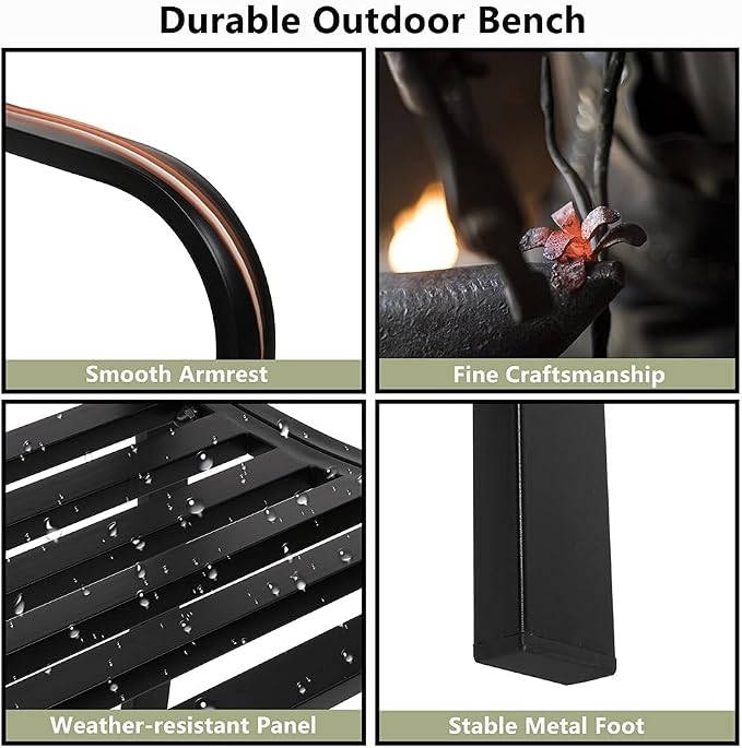 50in Outdoor Garden Park Bench, Outdoor Metal Porch Benches, Weatherproof Patio - Image 4