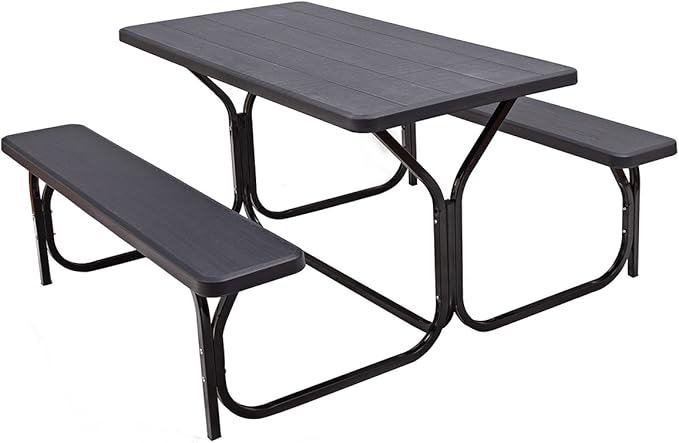 Giantex Picnic Bench Set Outdoor Camping All Weather Metal Base Wood-Like by Giantex
