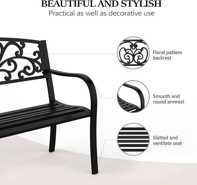 VINGLI Outdoor Bench for Patio Metal Garden Bench w/PVC Back Pattern - Image 4