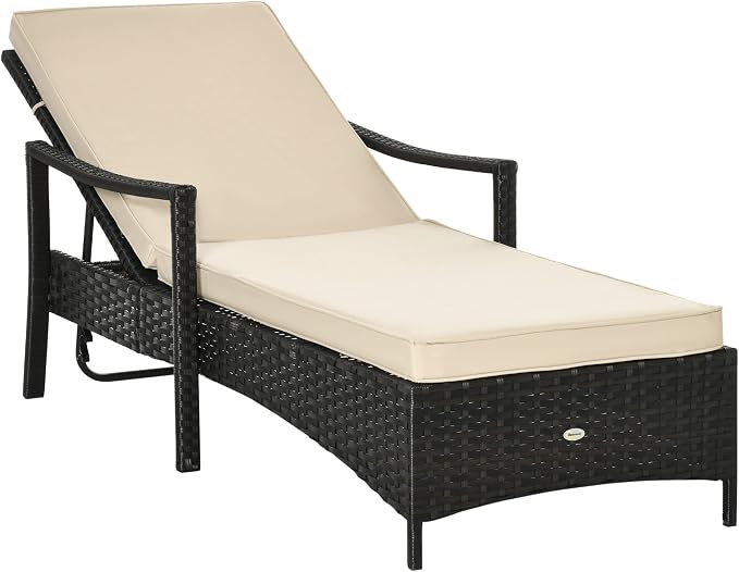 Outsunny Wicker Chaise Lounge, 4 Position Adjustable Backrest and Cushions by Outsunny