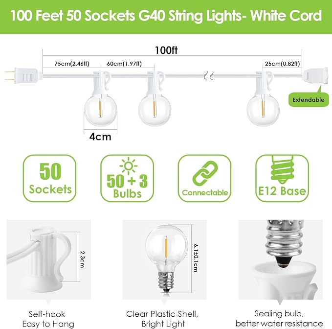 Mlambert 100Ft LED Outdoor String Lights, Dimmable Waterproof G40 Globe Patio - Image 4