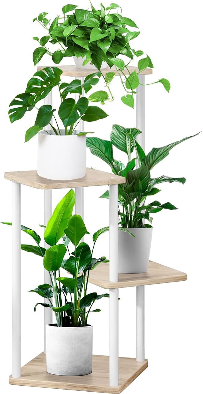 4 Tier Plant Stand Indoor, Thickened Metal Wood Corner Plant Shelf Stands by YOCOMEY