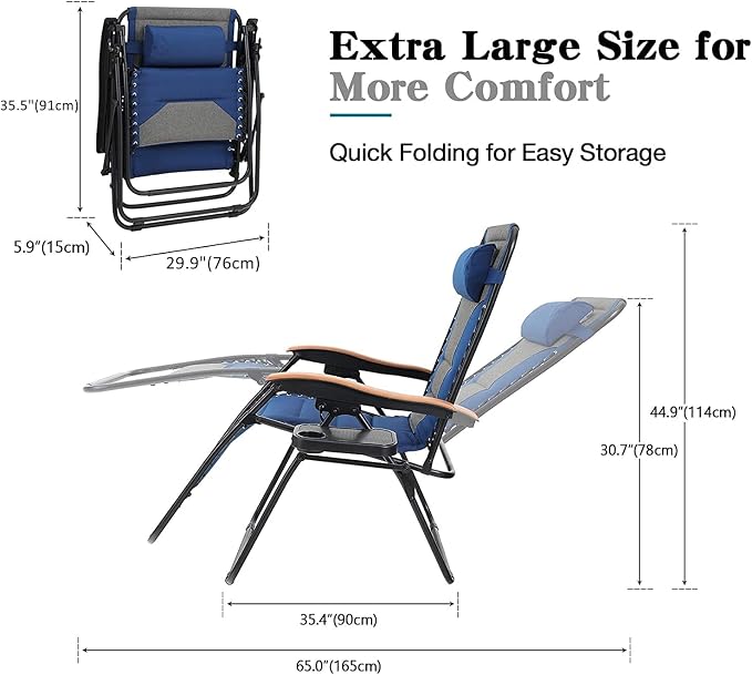 PHI VILLA XXL Oversized Padded Zero Gravity Chair Set of 2, Foldable Patio - Image 2