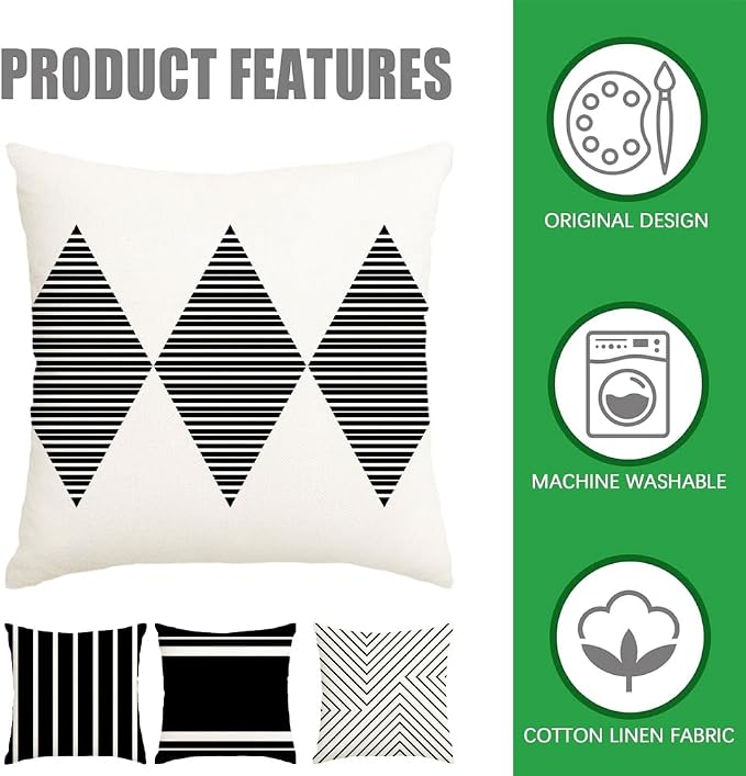RABUSOFA Outdoor Pillows Waterproof, 16x16 inch Black and White Boho Set of 4 - Image 7