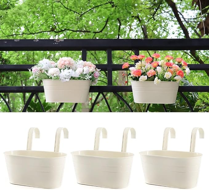Meltset 3 Pack Metal Iron Hanging Flower Pot, Oval Railing Fence Garden Balcony by MeltsetM
