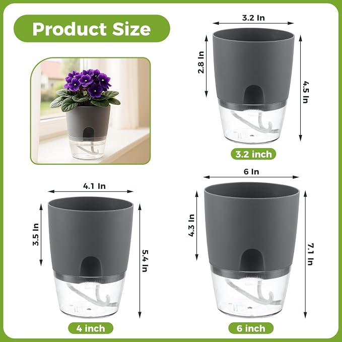 5 Pack Self Watering Pots for Indoor Plants, PlanterHoma 4 Inch Plant Pot - Image 3