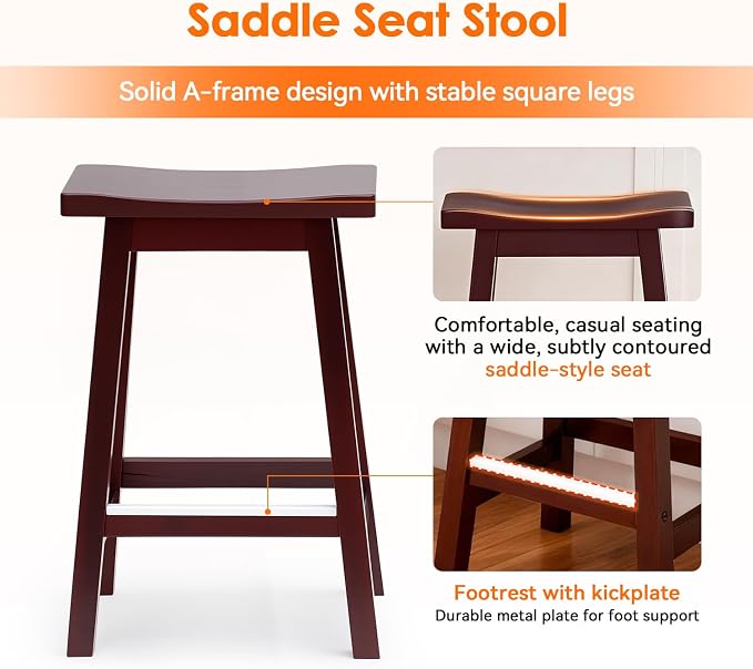 PayLessHere Bar Stools Set of 2, Wooden Saddle Stools 24 Inch Heigh, Bar Chairs - Image 7