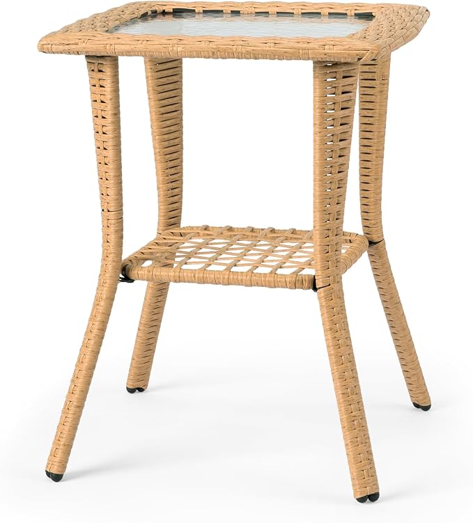 Outdoor Side Table with Storage Wicker Patio Side Table, Tempered Glass Top End by Unknown
