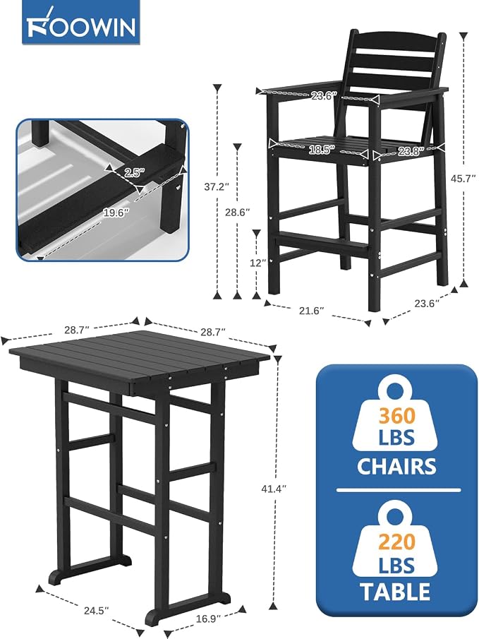 FOOWIN 3 Piece Outdoor Bar Height Table and Chairs, All Weather HDPE Patio Bar - Image 2
