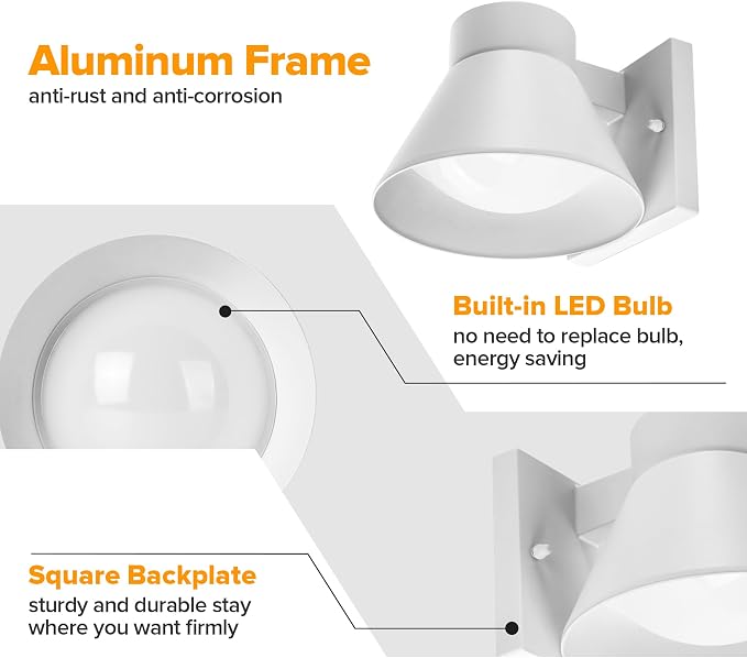 UME 2 Pack LED Outdoor White Front Porch Lights, Waterproof Wall Lantern Light - Image 5