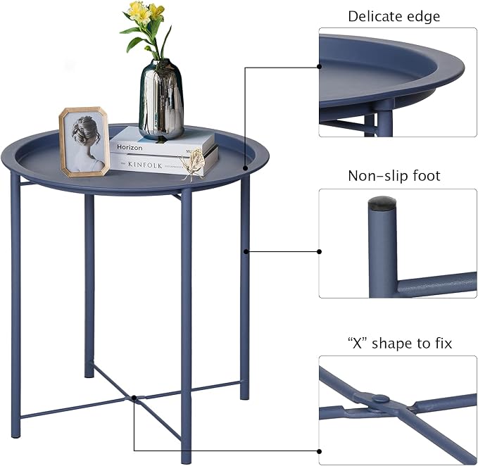 VECELO Side/End Table, Folding Round Metal Anti-Rust and Waterproof Outdoor or - Image 5