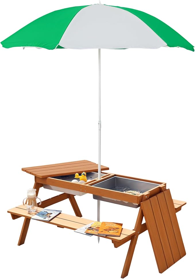 Outsunny Kids 3 in 1 Sand and Water Table, Wooden Outdoor Convertible Picnic by Outsunny