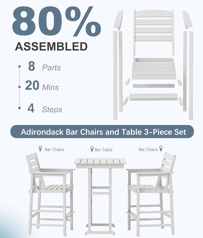 3-Piece Adirondack Bar Table and Chair Set, HDPE All-Weather Bar Height Chairs - Image 8