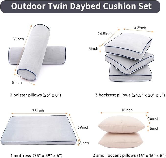 Outdoor Twin Daybed Cushion Set, 8-Piece Patio Swing Bed Mattress - Image 3