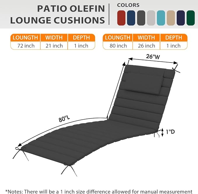 Sundale Outdoor Olefin Quilted Lounge Cushion Set of 2, Patio Foldable Chaise - Image 5