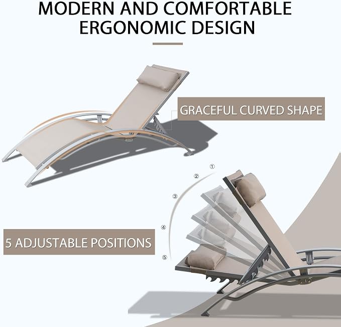 Domi Pool Lounge Chairs Set of 3, Adjustable Aluminum Outdoor Chaise Lounge - Image 4
