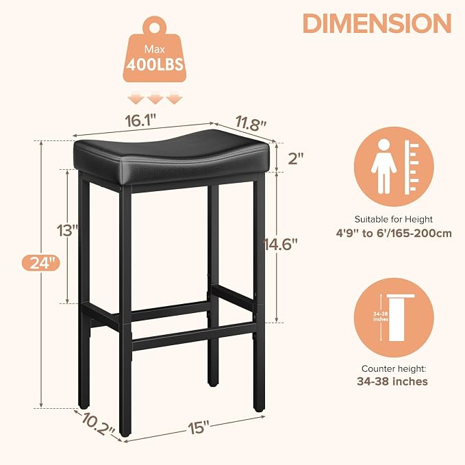 24 Inch Counter Height Bar Stools Set of 2, Compact Counter Stools - Image 2