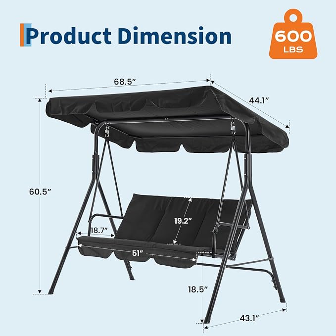 3 Person Porch Swing Chair, Outdoor Patio Swing Chair - Image 3