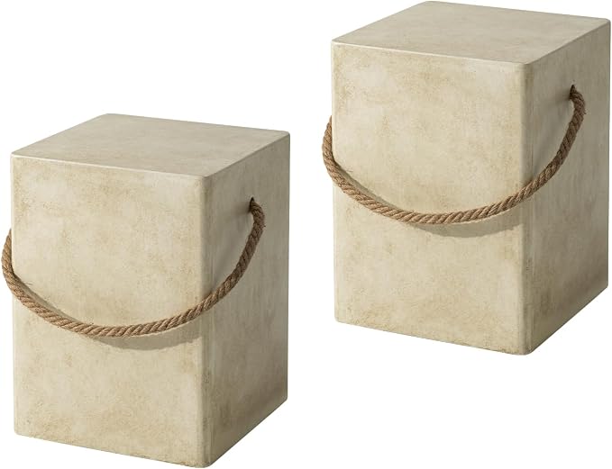 COSIEST Set of 2 Concrete Side Table, Rectangular Outdoor Side Table w Hemp by COSIEST