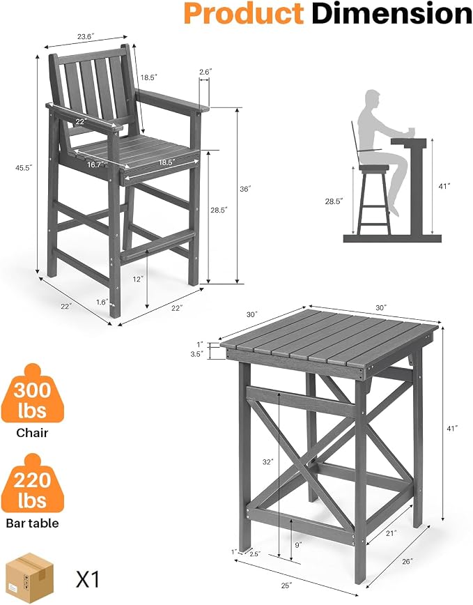 3-Piece Adirondack Chairs and Table Set, HDPE Patio Bar Sets, All Weather - Image 4