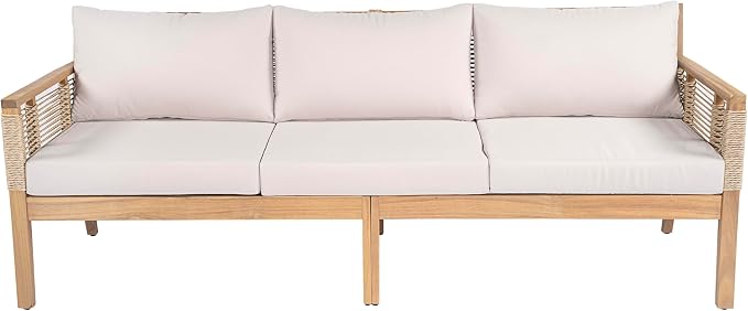 Outdoor Patio Acacia Wood 3-Seater Sofa, Hand Woven Rope Sofa - Image 2