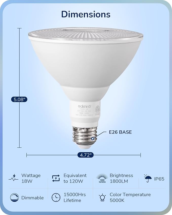 EDISHINE Flood Lights Outdoor, Dimmable PAR38 LED Outdoor Flood Light Bulbs - Image 2