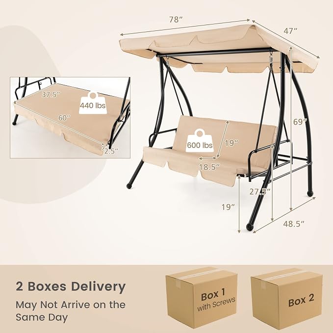 Tangkula 2 Person Porch Swing, 2-in-1 Convertible Outdoor Swing Bed - Image 7