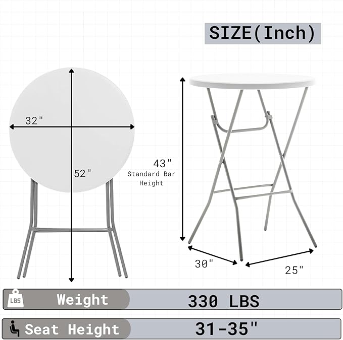BTEXPERT White 2.63 Foot 32in Round Plastic Bar Height Folding Cocktail Table - Image 2