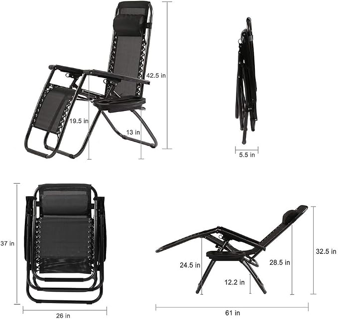 FDW Zero Gravity Chairs Set of 2 Black Lounge Patio Chairs Outdoor Yard Beach - Image 3