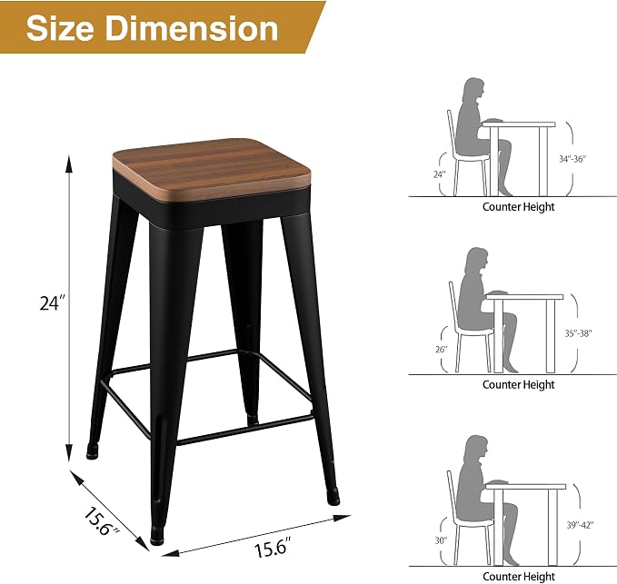 Bar Stools Set of 4 Metal Bar Stool Counter Height Bar Stools Black, Modern 24" - Image 2