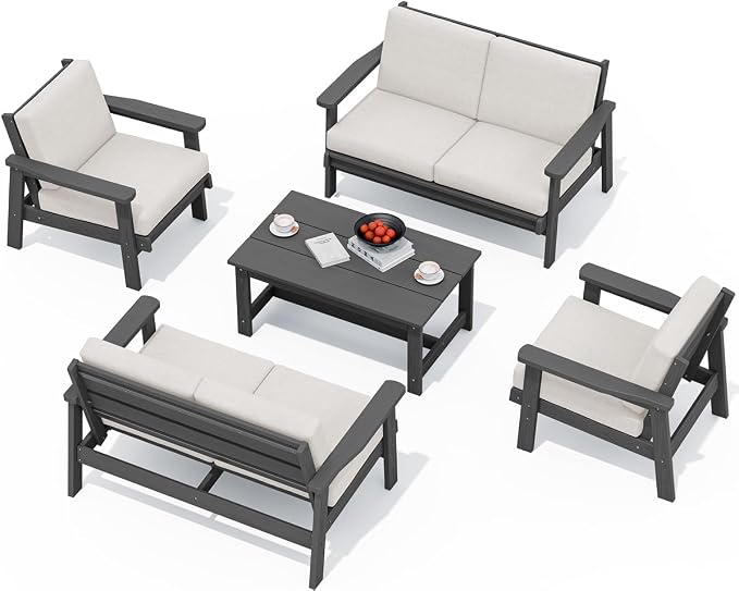 SERWALL HDPE Patio Furniture Set, 5 Piece All Weather Wood-Like Sectional by SERWALL