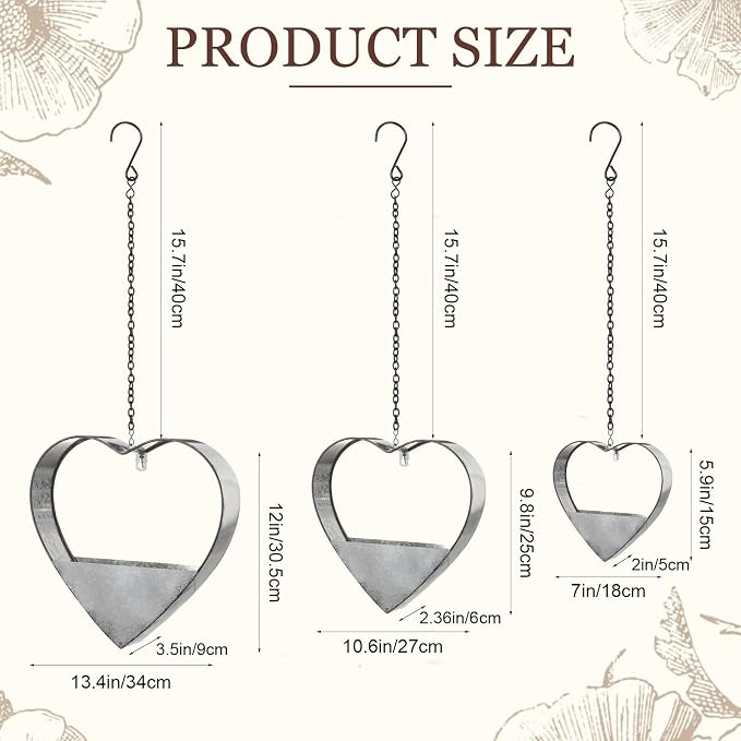 3 Pcs 3 Size Heart Metal Hanging Planter Indoor Outdoor, 13.4" 10.6" 7" Large - Image 2