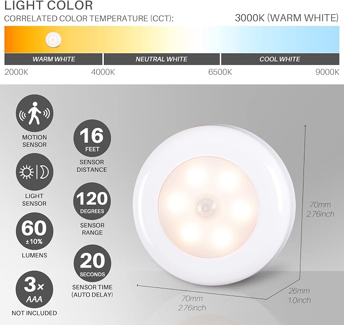 STAR-SPANGLED 6 Pack 2.8” Motion Sensor Lights Indoor AAA Battery Operated - Image 4