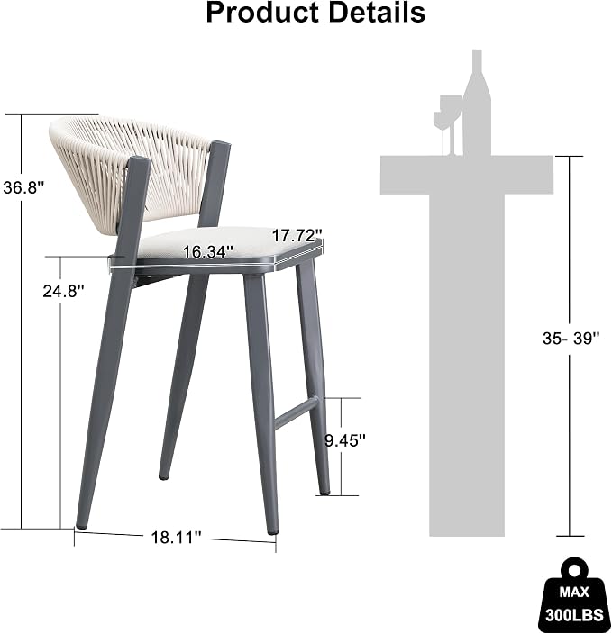 PURPLE LEAF Counter Height Bar Stool Set of 2 Patio Bar Stools Modern Bar - Image 3