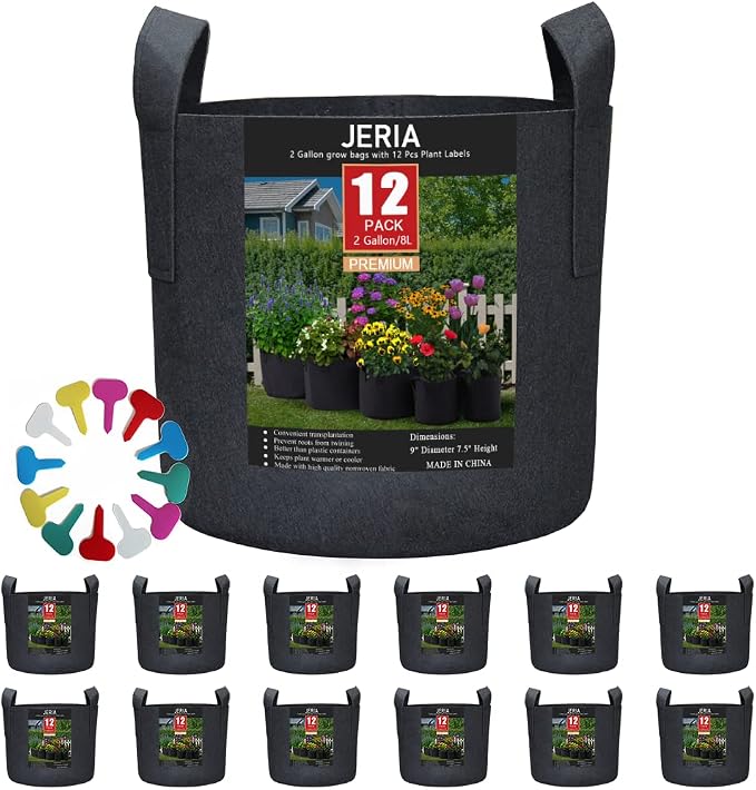JERIA 12-Pack 2 Gallon Grow Bags, 300G Thickened Nonwoven Garden Pots, Heavy by JERIA