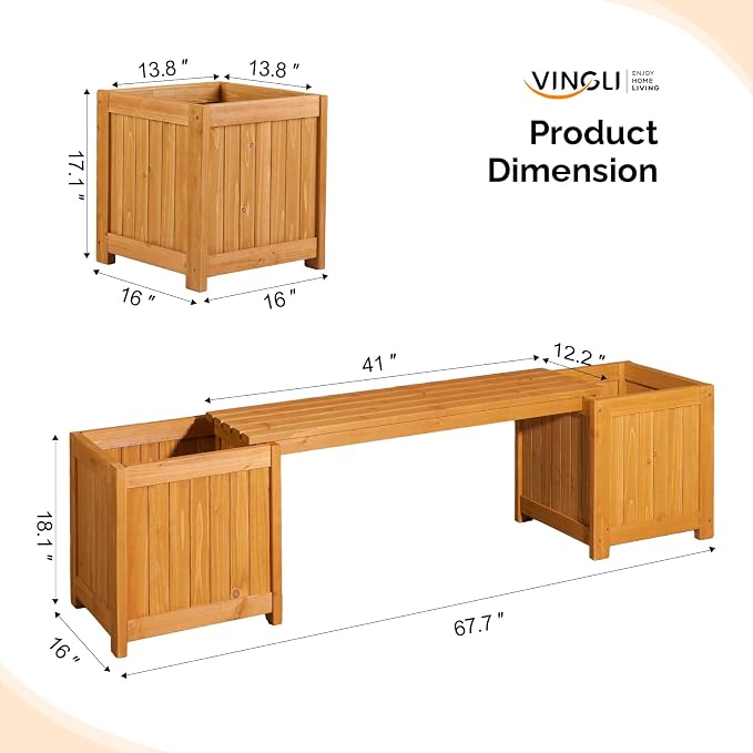 VINGLI Outdoor Wood Bench with Planter Boxes, 2-in-1 All-Weather Porch Bench - Image 3