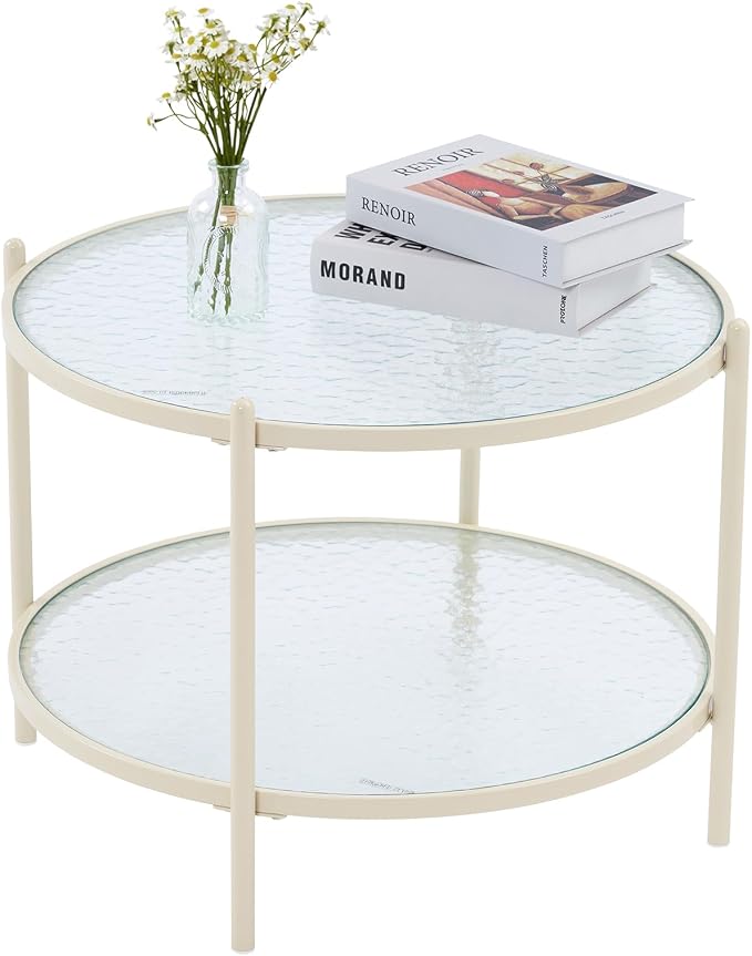 VINGLI 25.6" Small Cream White Round Coffee Table Water-Wave Glass Circle Clear - Image 9