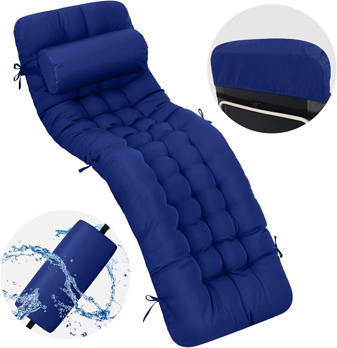 Tudomro 1 Pcs Blue 66'' Outdoor Chaise Lounge Cushion Waterproof Patio Lawn - Image 2