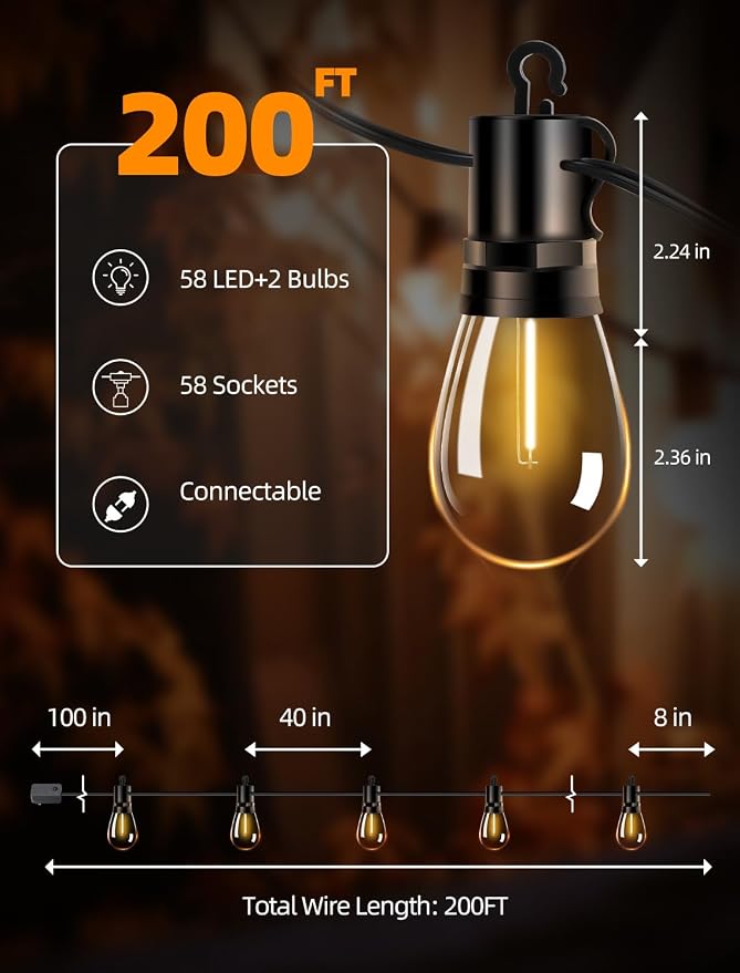 Outdoor Patio String Lights: S14 Shatterproof Bulb Outside Waterproof Light - - Image 2